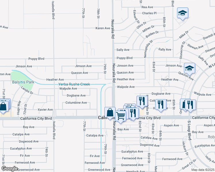 map of restaurants, bars, coffee shops, grocery stores, and more near 21235 79th Street in California City