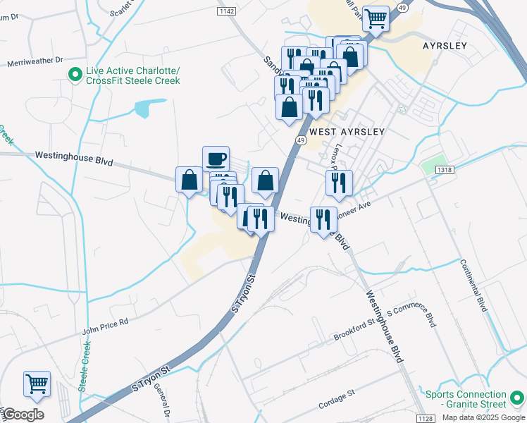 map of restaurants, bars, coffee shops, grocery stores, and more near 2227 Westinghouse Boulevard in Charlotte