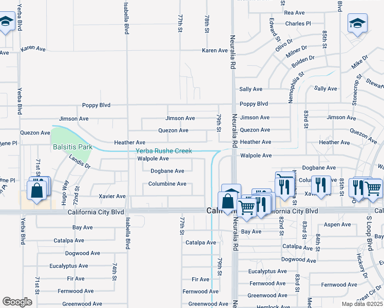 map of restaurants, bars, coffee shops, grocery stores, and more near 7801 Walpole Avenue in California City