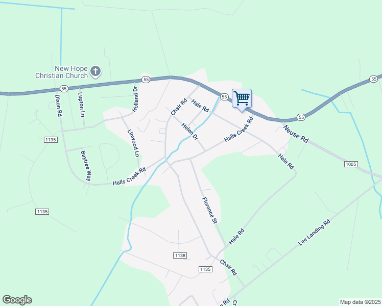 map of restaurants, bars, coffee shops, grocery stores, and more near 394 Halls Creek Road in New Bern