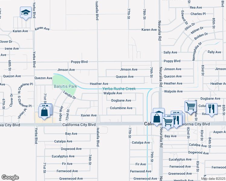 map of restaurants, bars, coffee shops, grocery stores, and more near 7625 Walpole Avenue in California City