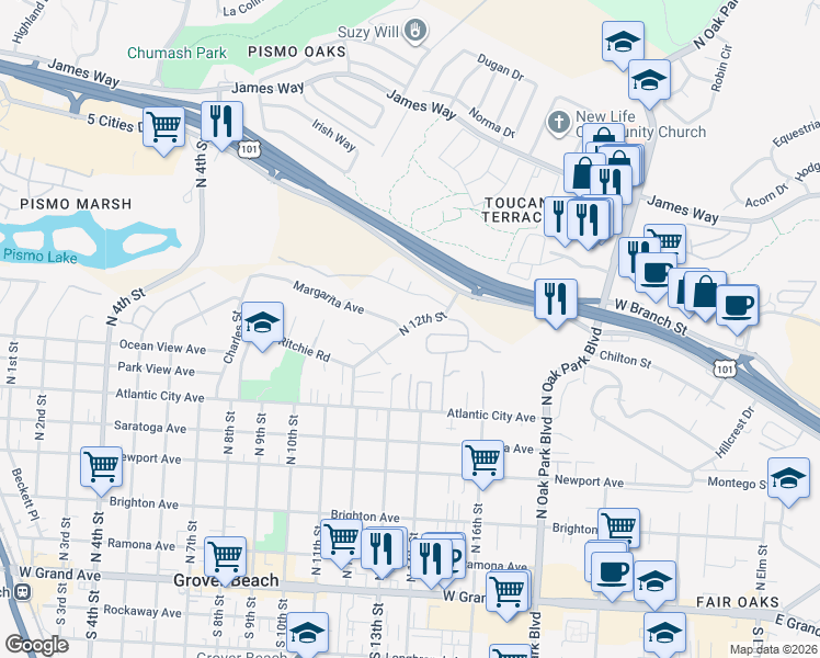 map of restaurants, bars, coffee shops, grocery stores, and more near 910 North 12th Street in Grover Beach