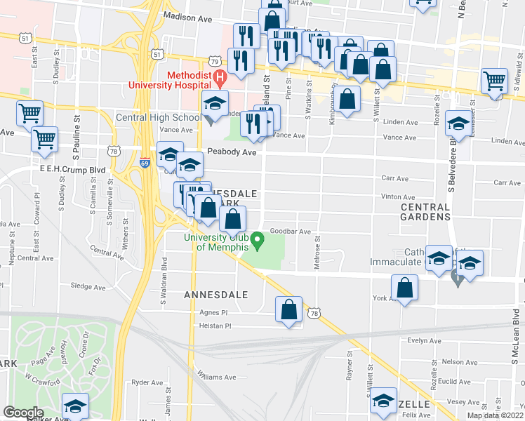 map of restaurants, bars, coffee shops, grocery stores, and more near S Cleveland St & Harbert Ave in Memphis