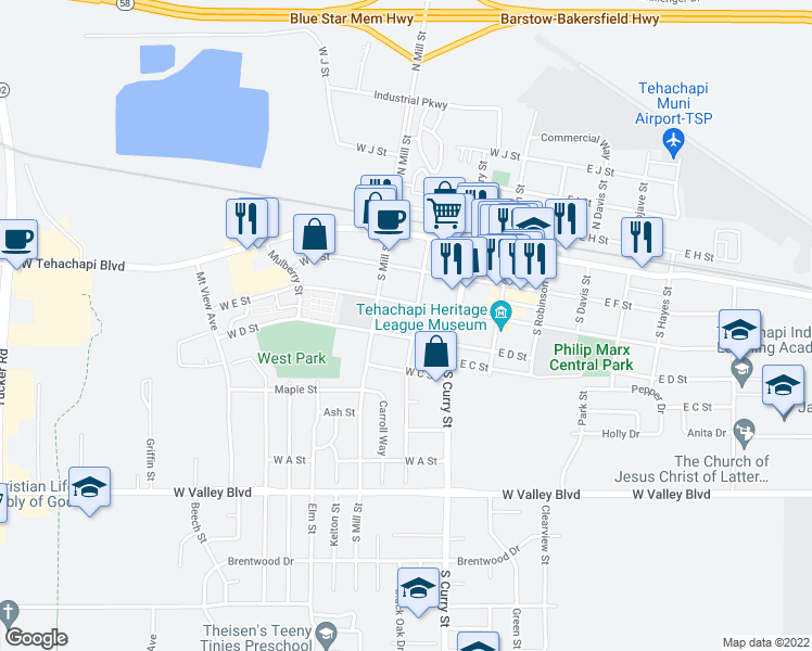 map of restaurants, bars, coffee shops, grocery stores, and more near 311 South Pauley Street in Tehachapi