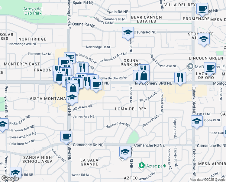 map of restaurants, bars, coffee shops, grocery stores, and more near 8810 Montgomery Boulevard Northeast in Albuquerque