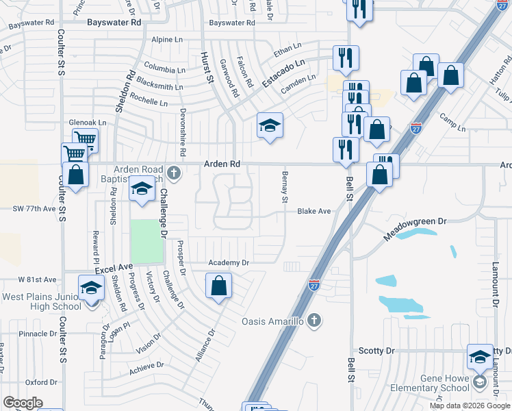 map of restaurants, bars, coffee shops, grocery stores, and more near 6405 Arden Road in Amarillo