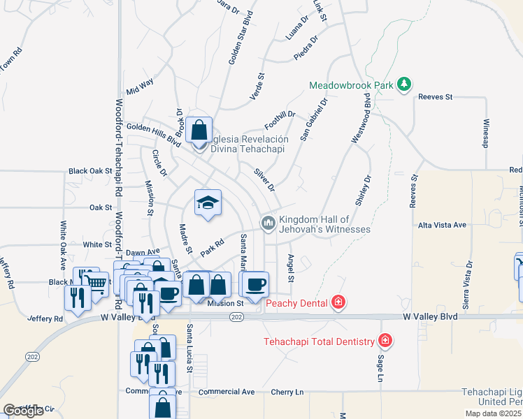 map of restaurants, bars, coffee shops, grocery stores, and more near 21350 Golden Hills Boulevard in Tehachapi
