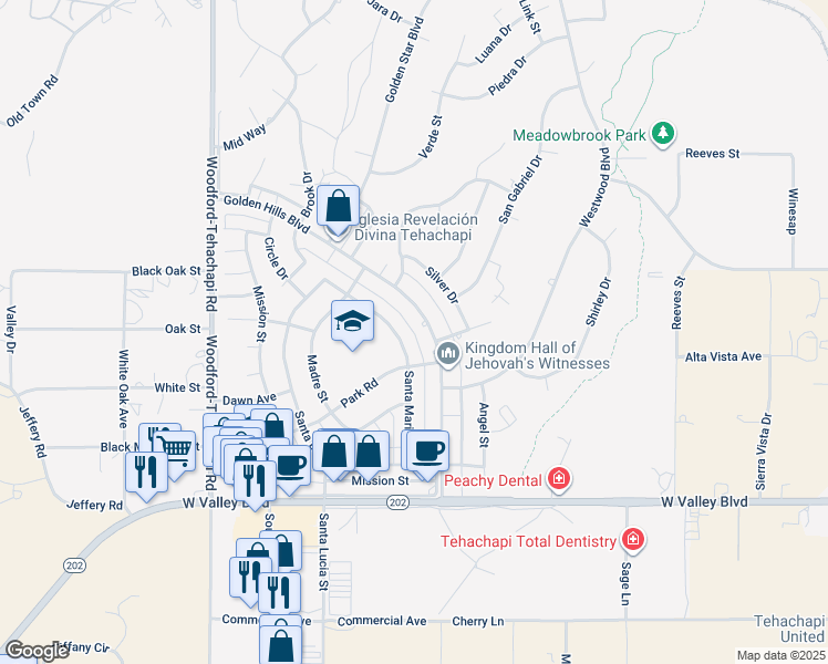 map of restaurants, bars, coffee shops, grocery stores, and more near 21350 Golden Hills Boulevard in Tehachapi