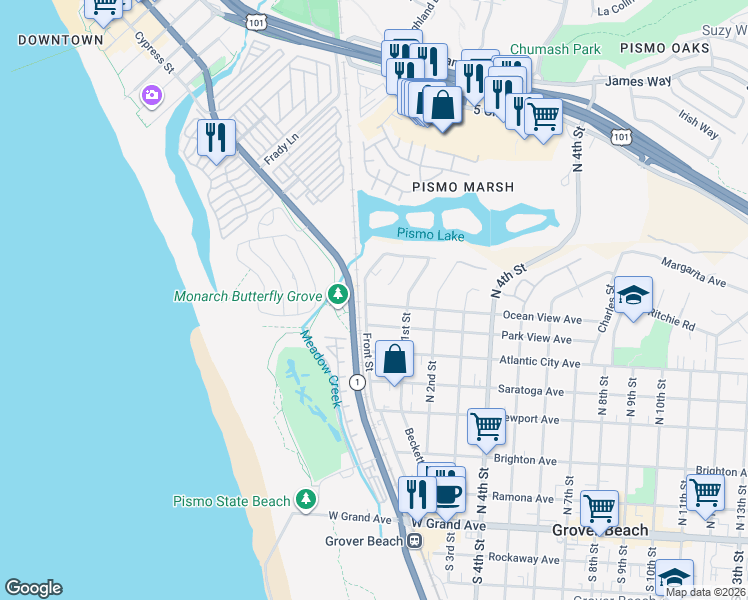 map of restaurants, bars, coffee shops, grocery stores, and more near 804 Front Street in Grover Beach