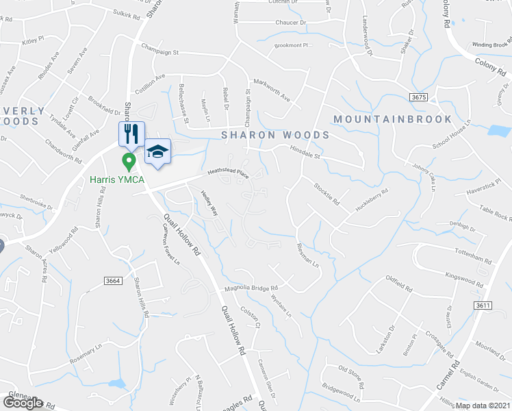 map of restaurants, bars, coffee shops, grocery stores, and more near 6044 Heath Valley Road in Charlotte