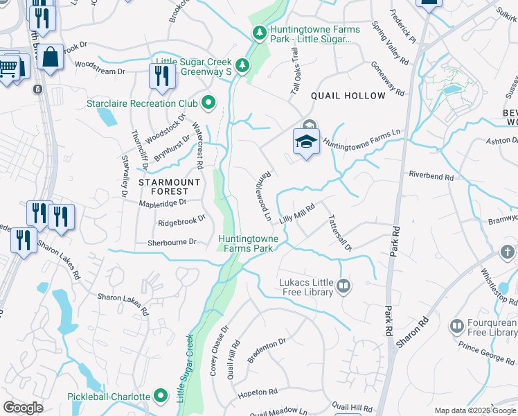 map of restaurants, bars, coffee shops, grocery stores, and more near 2400 Ramblewood Lane in Charlotte