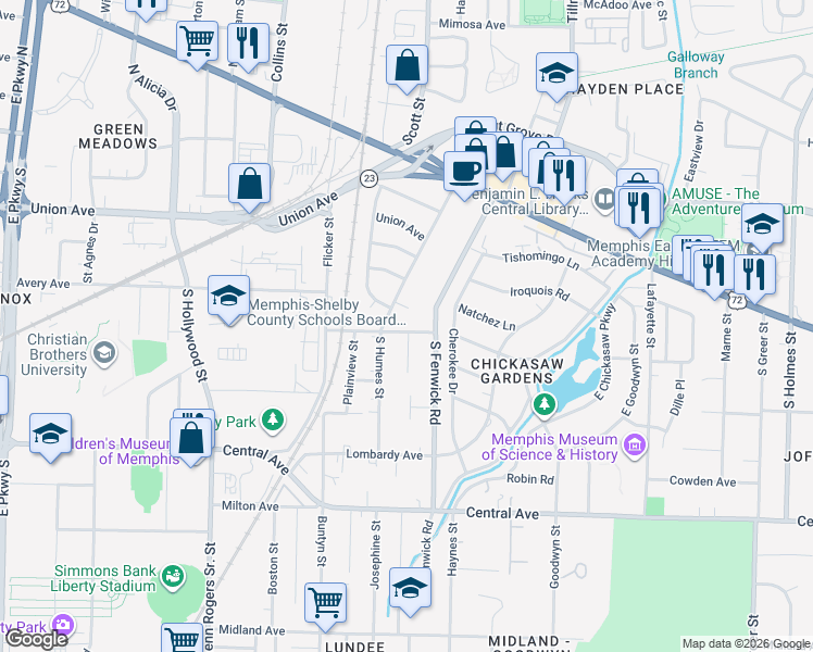 map of restaurants, bars, coffee shops, grocery stores, and more near 80 South Humes Street in Memphis