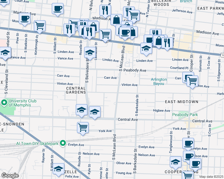 map of restaurants, bars, coffee shops, grocery stores, and more near 583 South McLean Boulevard in Memphis