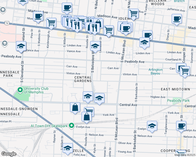 map of restaurants, bars, coffee shops, grocery stores, and more near 593 Lemaster Street in Memphis