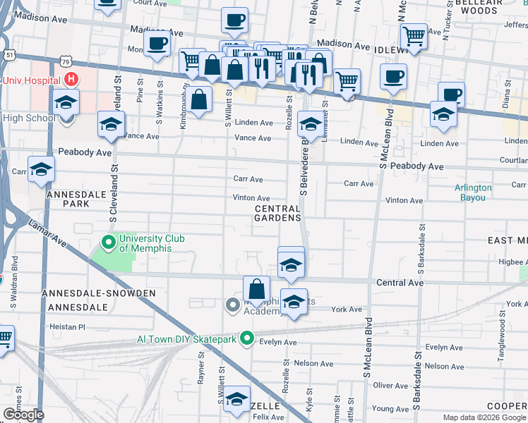 map of restaurants, bars, coffee shops, grocery stores, and more near 1629 Vinton Avenue in Memphis