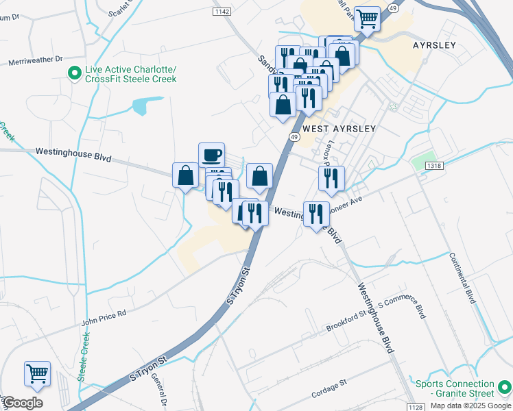 map of restaurants, bars, coffee shops, grocery stores, and more near 2227 Westinghouse Boulevard in Charlotte