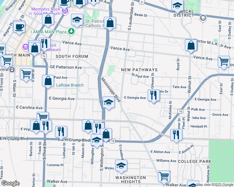map of restaurants, bars, coffee shops, grocery stores, and more near 644 Mississippi Boulevard in Memphis