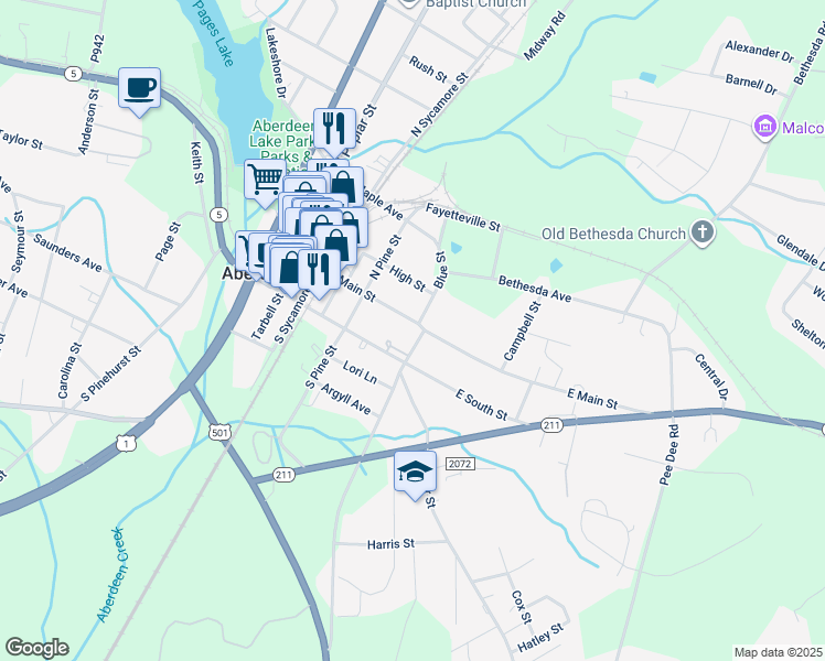 map of restaurants, bars, coffee shops, grocery stores, and more near 406 East Main Street in Aberdeen