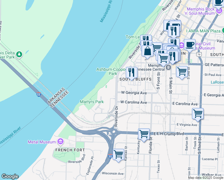 map of restaurants, bars, coffee shops, grocery stores, and more near 655 Riverside Drive in Memphis
