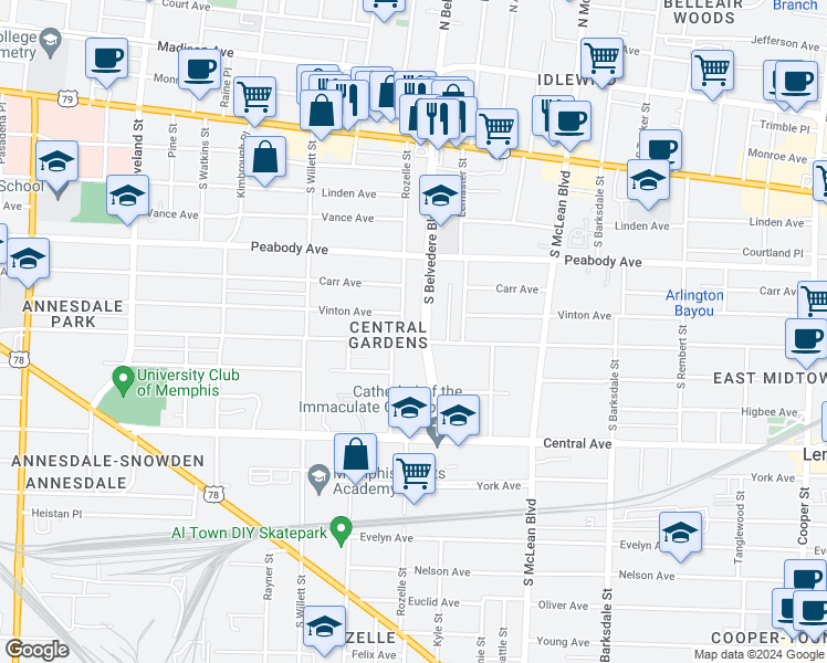 map of restaurants, bars, coffee shops, grocery stores, and more near 601 South Belvedere Boulevard in Memphis
