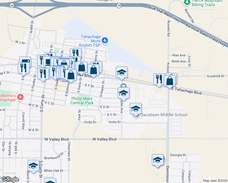 map of restaurants, bars, coffee shops, grocery stores, and more near 514 East F Street in Tehachapi