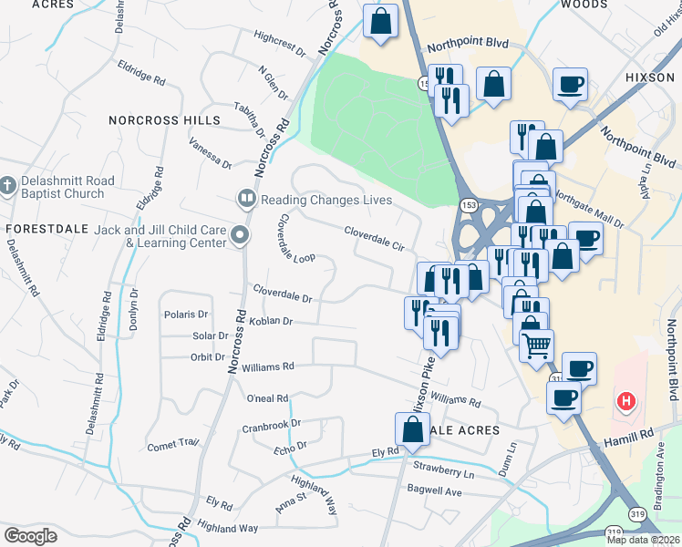 map of restaurants, bars, coffee shops, grocery stores, and more near 4510 Cloverdale Loop in Chattanooga
