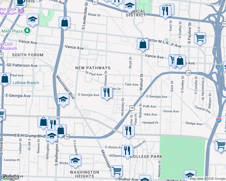 map of restaurants, bars, coffee shops, grocery stores, and more near 677 Como Drive in Memphis