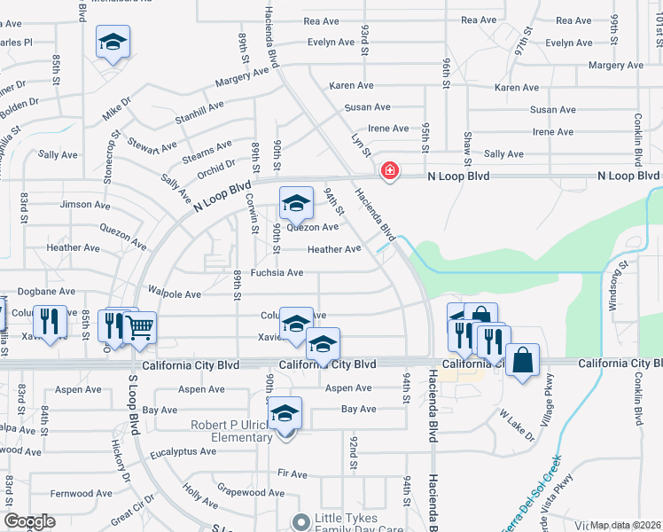 map of restaurants, bars, coffee shops, grocery stores, and more near 9133 Fuchsia Avenue in California City