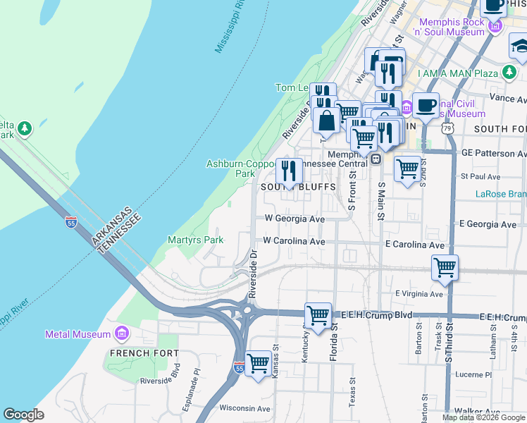 map of restaurants, bars, coffee shops, grocery stores, and more near 77 West Riverview Drive in Memphis