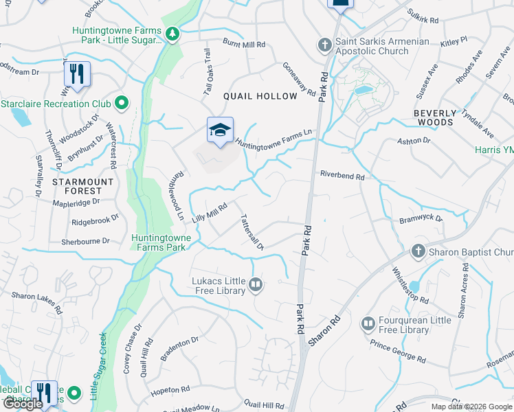 map of restaurants, bars, coffee shops, grocery stores, and more near 2712 Lilly Mill Road in Charlotte