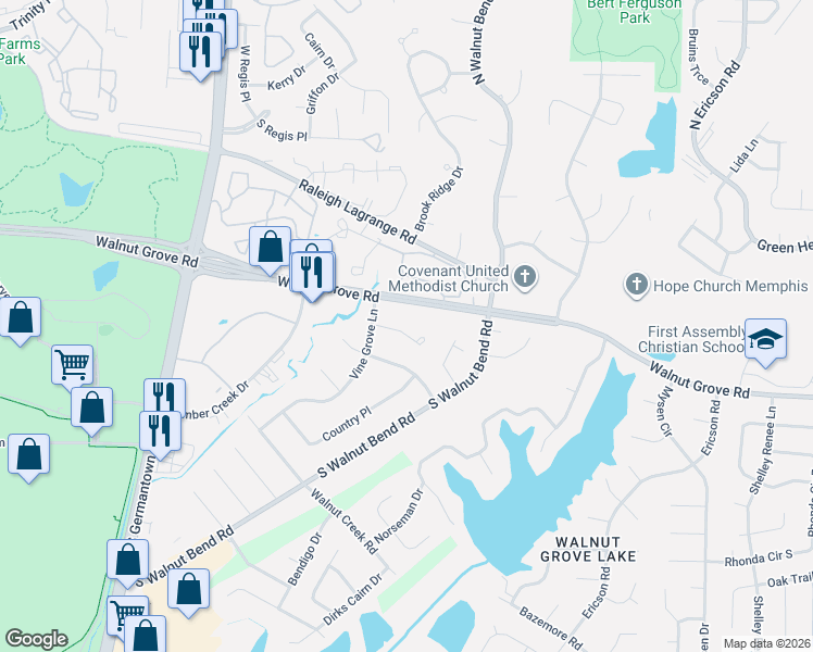 map of restaurants, bars, coffee shops, grocery stores, and more near 8222 Shady Fern Cove in Memphis