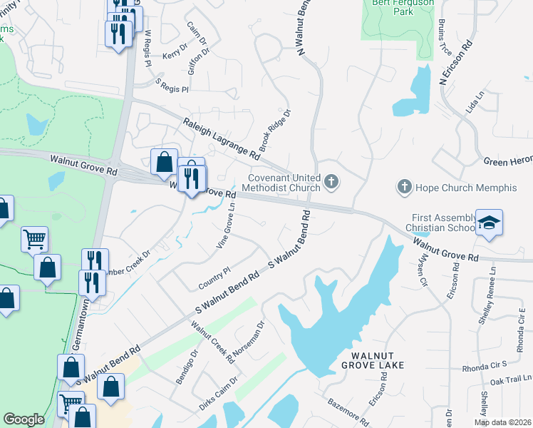 map of restaurants, bars, coffee shops, grocery stores, and more near 8222 Shady Fern Cove in Memphis