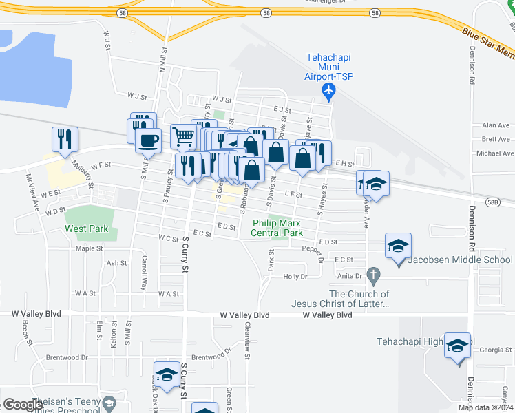 map of restaurants, bars, coffee shops, grocery stores, and more near 217 East E Street in Tehachapi