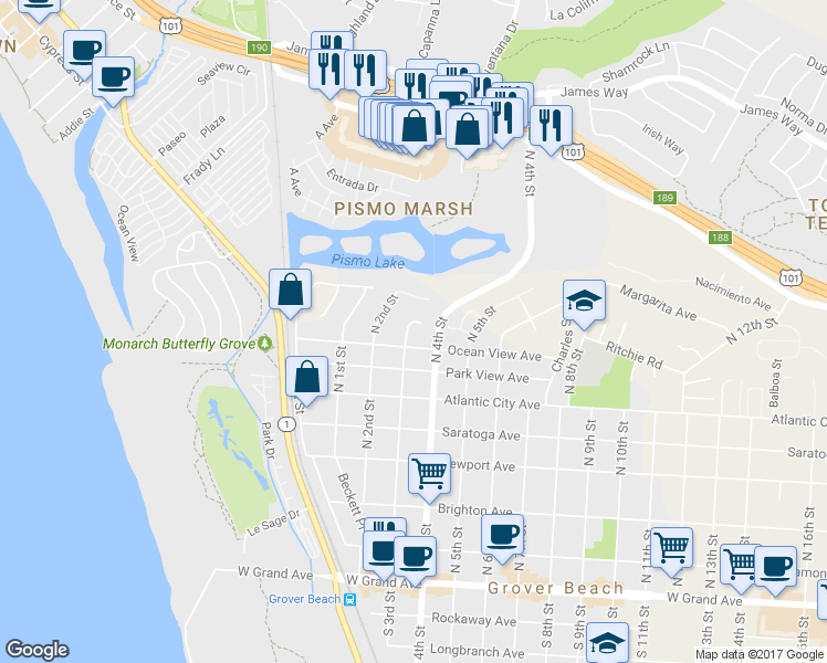map of restaurants, bars, coffee shops, grocery stores, and more near 824 North 3rd Street in Grover Beach