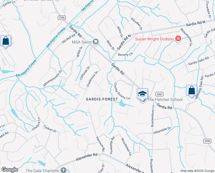 map of restaurants, bars, coffee shops, grocery stores, and more near 8228 County Downs Lane in Charlotte