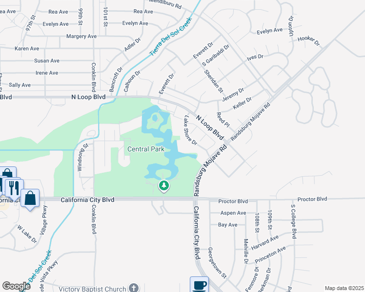 map of restaurants, bars, coffee shops, grocery stores, and more near 21317 Lake Shore Drive in California City