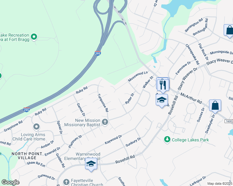 map of restaurants, bars, coffee shops, grocery stores, and more near 745 Mosswood Lane in Fayetteville