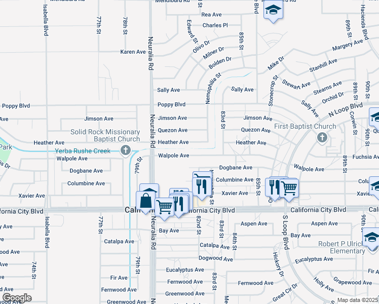 map of restaurants, bars, coffee shops, grocery stores, and more near 8137 Walpole Avenue in California City