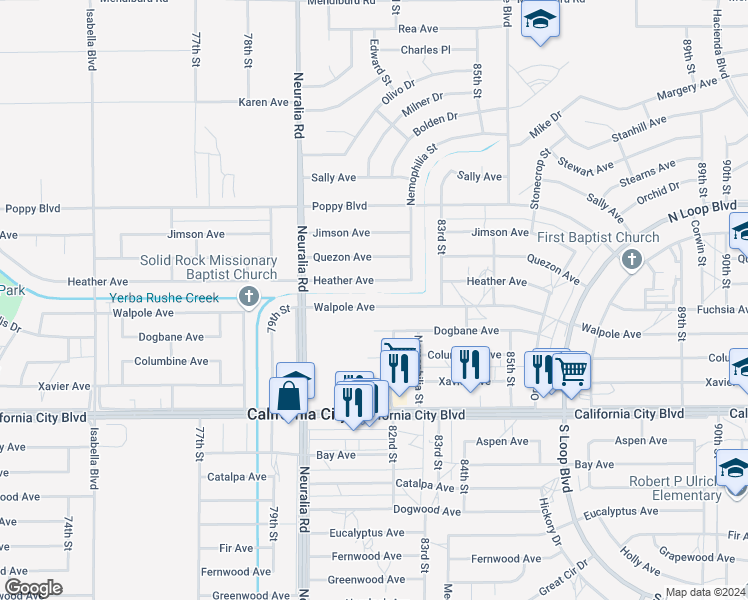 map of restaurants, bars, coffee shops, grocery stores, and more near 8137 Walpole Avenue in California City