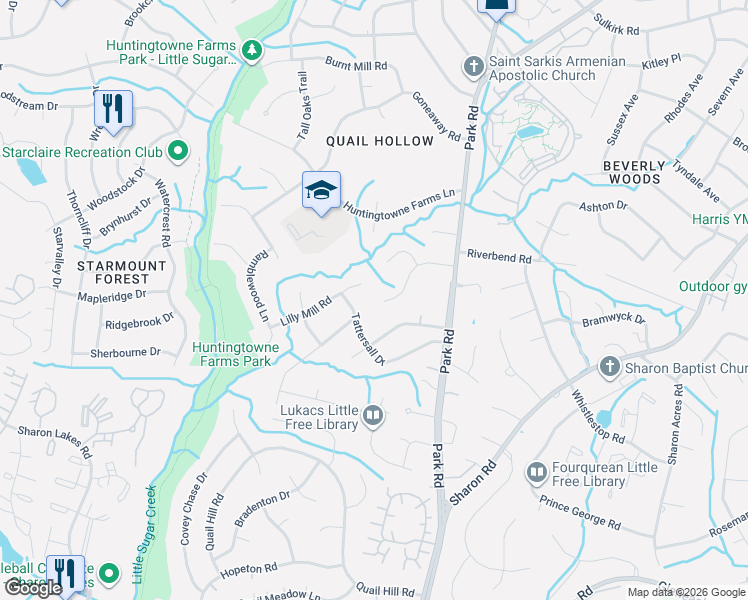 map of restaurants, bars, coffee shops, grocery stores, and more near 2712 Lilly Mill Road in Charlotte