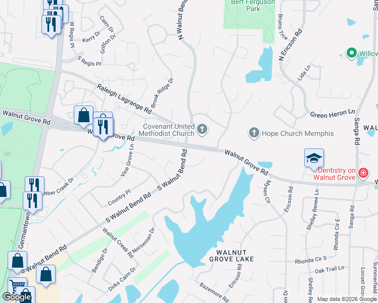 map of restaurants, bars, coffee shops, grocery stores, and more near 8311 Walnut Grove Road in Memphis