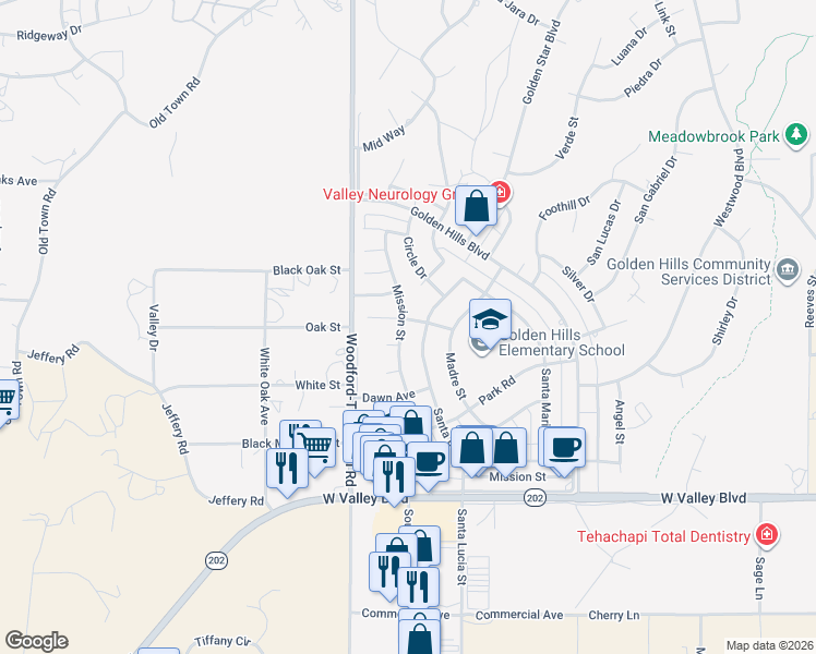 map of restaurants, bars, coffee shops, grocery stores, and more near 20312 Sierra Avenue in Tehachapi