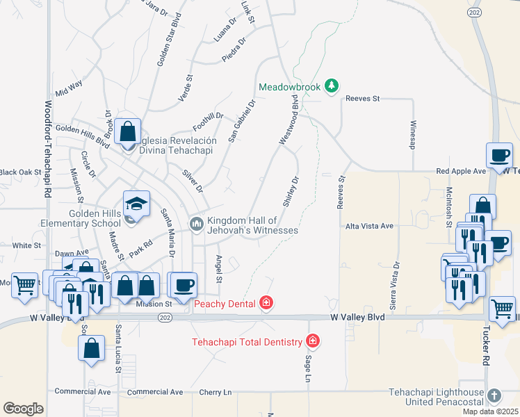 map of restaurants, bars, coffee shops, grocery stores, and more near 21400 Westwood Boulevard in Tehachapi