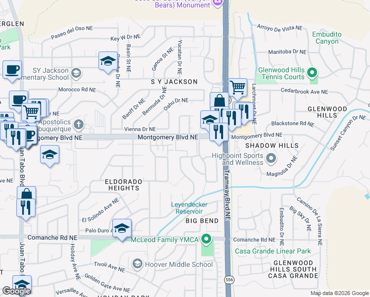 map of restaurants, bars, coffee shops, grocery stores, and more near 12400 Montgomery Boulevard Northeast in Albuquerque