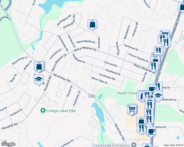 map of restaurants, bars, coffee shops, grocery stores, and more near 431 Larchmont Road in Fayetteville