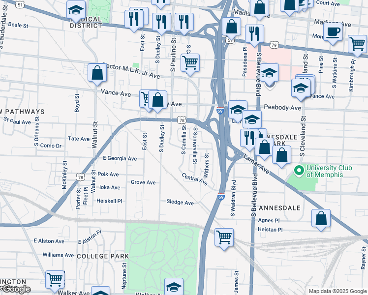 map of restaurants, bars, coffee shops, grocery stores, and more near 580 South Camilla Street in Memphis