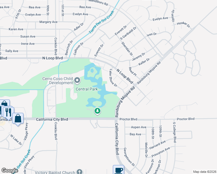 map of restaurants, bars, coffee shops, grocery stores, and more near 21329 Lake Shore Drive in California City