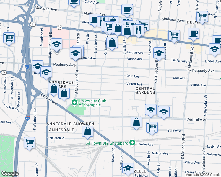 map of restaurants, bars, coffee shops, grocery stores, and more near 1494 Harbert Avenue in Memphis