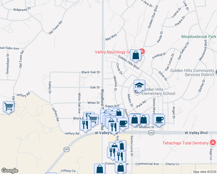 map of restaurants, bars, coffee shops, grocery stores, and more near 20416 Sierra Avenue in Tehachapi