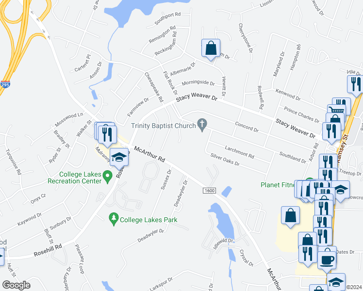 map of restaurants, bars, coffee shops, grocery stores, and more near 5038 Linton Hall Road in Fayetteville